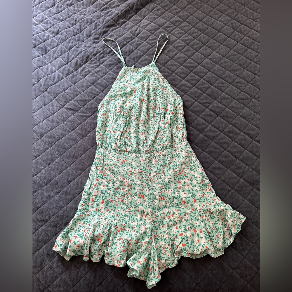 Pink Lily green floral romper